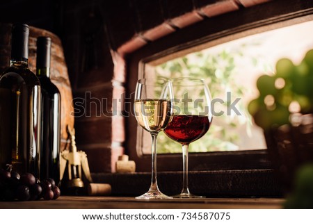 Red and white wine tasting in the winery: full wine glasses next to a window and lush vineyard on the background, winemaking concept Zdjęcia stock © 