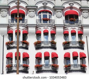 red windows and building