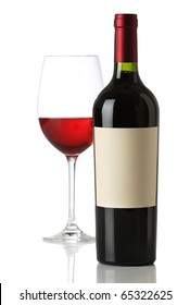 Red Wine Bottle With And Empty Label And Glass