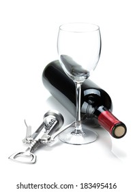 Red Wine Bottle, Glass And Corkscrew. Isolated On White Background