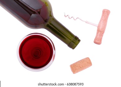 Red Wine Bottle And Glass On Isolated White Background. Unusually Top View.