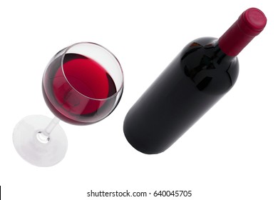 Red Wine Bottle And Glass On Isolated White Background. Unusually Top View.