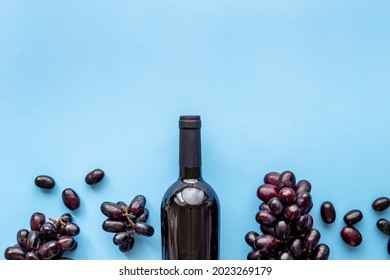 Red Wine Bottle With Grape. Overhead View