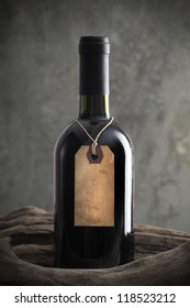 Red Wine Bottle With Old Paper Label, Copy Space On Label