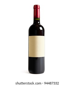 Red Wine Bottle, With Real Paper Blank Label. Isolated On White.