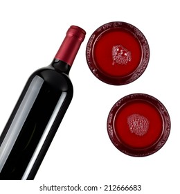 Red Wine Bottle With Two Glasses, Top View