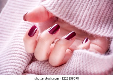 Red wine color manicure on girl hand. Shade of red on woman finger nails polish and woolen scarf background. Close up, selective focus