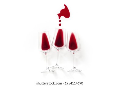 Red Wine In Glasses, Overhead Flat Lay Shot On A White Background