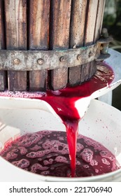 Red Wine Grapes Being Crushed In Basket Press In Chianti Area, Tuscany, Italy