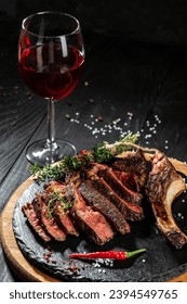 Red wine and grilled meat. Restaurant menu, dieting, cookbook recipe top view.