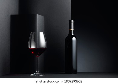 Red Wine On A Black Background. Copy Space.