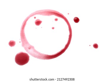 Red wine ring and drops on white background, top view