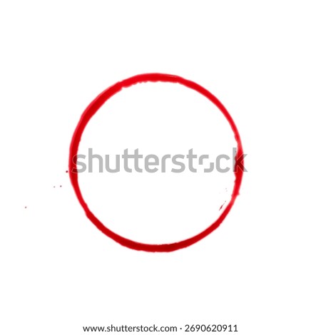 Red wine ring stain isolayed on white background, shape of perfect circle with a few drops nearby, cut out