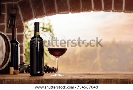 Red wine tasting in the wine cellar: wineglass and bottles next to the window and panoramic view of vineyards at sunset