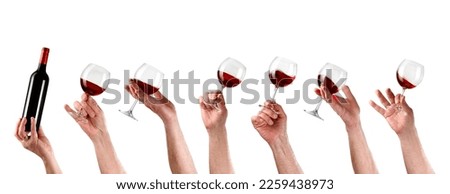 Red wine tasting concept, red wine glass and a bottle in male hands on white background