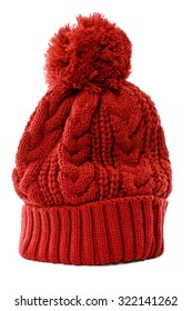 Red Winter Knit Hat Isolated On White 