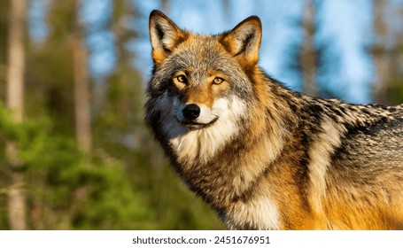 red wolf - Canis rufus - a canine native to the southeastern United States. Its size is intermediate between the coyote C. latrans and gray wolf - C. lupus - head and face view with tree and forest 