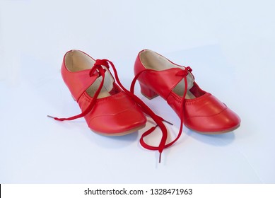 Red Woman Vintage Fashion Shoes Isolated On White Close Up. Heels For Latin Ballroom Dance, Irish  Dance. 