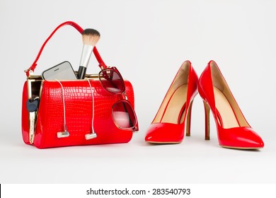 Red Women's Handbag. Things From Open Lady Handbag.