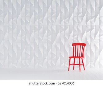 Red Wood Chair In White Panel Wall Interior With White Wood Flooring.