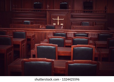 Red Wood Table And Red Chair In The Justice Court