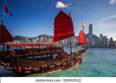 Red Wooded Boat Icon Of Hongkong City, Red Boat For Travel Hong Kong Island, China