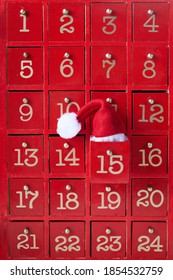 Red Wooden Advent Calendar With Surprise For Christmas