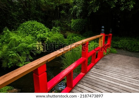 Red wooden bridge at the Japanese Garden.