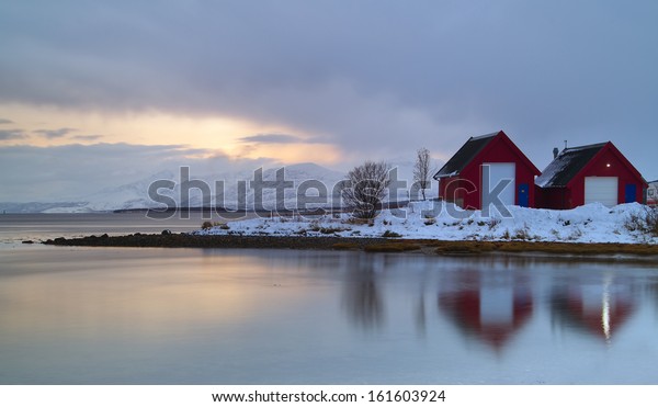 Red Wooden Cabins Campsite By Fjord Stock Photo Edit Now 161603924