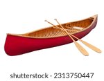 Red wooden canoe with paddles isolated on a white background