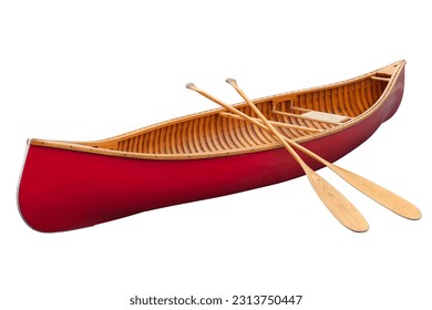 Red wooden canoe with paddles isolated on a white background