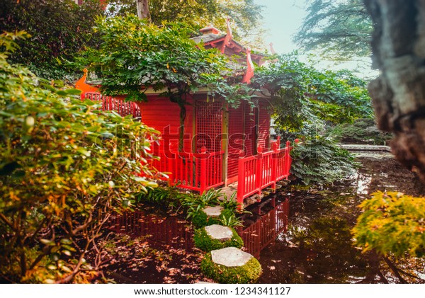 Red Wooden House Japanese Style Garden Stock Photo Edit Now