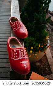 Red wooden traditional dutch shoes