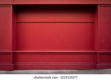 Red Wooden Traditional Facade In An Old Town In England. No People, Copy Space. Frontal View With Sidewalk. Closed Wall. Background For Composing. England