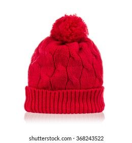 Red Wool Knitted Hat Isolated On White Background.