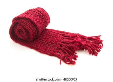 Red Wool Knitted Scarf Isolated On White