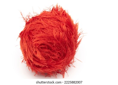 Red Yarn Ball On White Background, Close-up