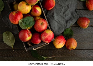 Red And Yellow Apple In Wooden Crate Food Top View  Autumn Concept