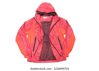 Red Yellow And Black Zipper Windbreaker Hiking Jacket, Rain Proof Jacket Hoodie, Track Jacket Sport Nylon Full Zip Isolated On White