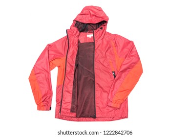 Red Yellow And Black Zipper Windbreaker Hiking Jacket, Rain Proof Jacket Hoodie, Track Jacket Sport Nylon Full Zip Isolated On White