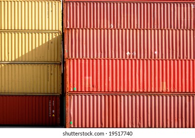 Red And Yellow Cargo Container In A Harbor