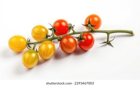 Red and yellow cherry tomatoes on a twig, isolated on a white background, top view.