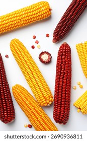 Red and yellow corn cobs with kernels on white background, flat lay