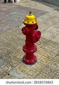 Red and yellow fire hydrant installed on a patterned stone sidewalk for urban safety and emergency water supply infrastructure concepts.