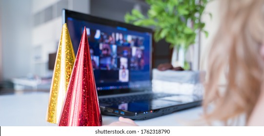 Red, Yellow Holiday Hat. Kids Virtual Birthday Party. Celebration Of Holiday At Home On Isolation. Online Conference, Video Call In Laptop, Computer. Animator, Cookies.Quarantine,coronavirus Covid-19.