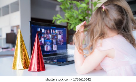 Red, Yellow Holiday Hat. Kids Virtual Birthday Party. Celebration Of Holiday At Home On Isolation. Online Conference, Video Call In Laptop, Computer. Animator, Cookies.Quarantine,coronavirus Covid-19.