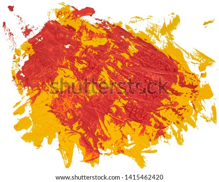 Red and yellow messy spotted oil texture paint brush stroke, hand painted, isolated on white background.