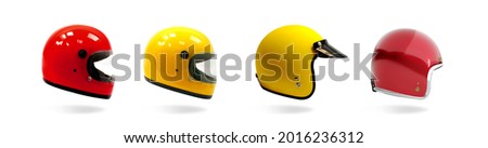 Red and yellow motorcycle helmet, side on a white background.