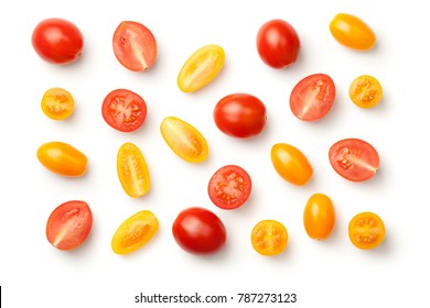 Red And Yellow Pepper Cherry Tomatoes Isolated On White Background. Top View