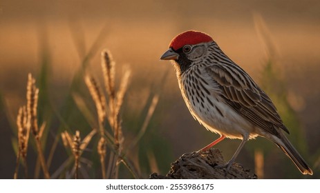 Red-billed Quelea bird perched on wood at sunset. Golden hour light illuminates its vibrant red bill and plumage. - Powered by Shutterstock